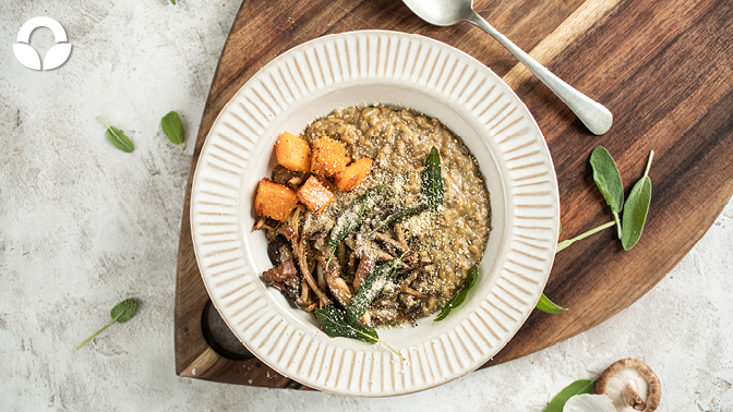 Sunflower Seed Risotto with Butternut, Exotic Mushrooms and Sage