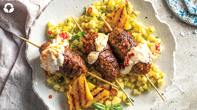 Easy Beef Koftas with Grilled Pineapple & Pineapple Salsa
